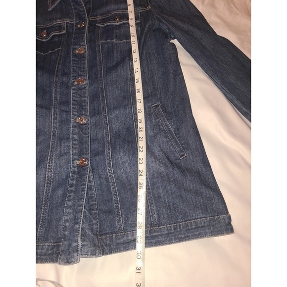 Chicos Long Denim Jacket Button Front Stretch Medium Women Size 1 - Picture 7 of 16